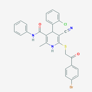 molecular formula C28H21BrClN3O2S B377551 6-{[2-(4-bromophenyl)-2-oxoethyl]sulfanyl}-4-(2-chlorophenyl)-5-cyano-2-methyl-N-phenyl-1,4-dihydro-3-pyridinecarboxamide 