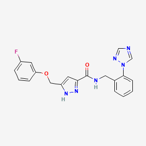 molecular formula C20H17FN6O2 B3779821 5-[(3-fluorophenoxy)methyl]-N-[[2-(1,2,4-triazol-1-yl)phenyl]methyl]-1H-pyrazole-3-carboxamide 