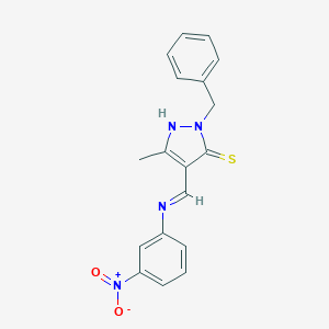 molecular formula C18H16N4O2S B377997 2-benzyl-4-({3-nitroanilino}methylene)-5-methyl-2,4-dihydro-3H-pyrazole-3-thione 