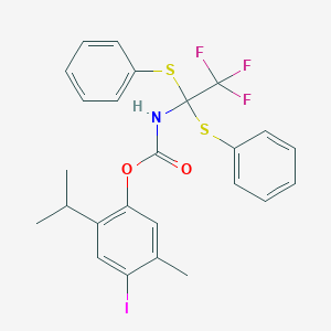 molecular formula C25H23F3INO2S2 B378046 4-Iodo-2-isopropyl-5-methylphenyl 2,2,2-trifluoro-1,1-bis(phenylsulfanyl)ethylcarbamate 