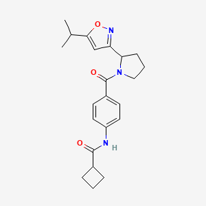 molecular formula C22H27N3O3 B3781881 N-(4-{[2-(5-isopropylisoxazol-3-yl)pyrrolidin-1-yl]carbonyl}phenyl)cyclobutanecarboxamide 