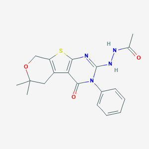 molecular formula C19H20N4O3S B378250 N'-(12,12-Dimethyl-3-oxo-4-phenyl-11-oxa-8-thia-4,6-diazatricyclo[7.4.0.02,7]trideca-1(9),2(7),5-trien-5-yl)acetohydrazide CAS No. 330180-76-2