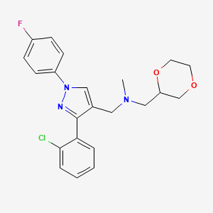 molecular formula C22H23ClFN3O2 B3782504 1-[3-(2-chlorophenyl)-1-(4-fluorophenyl)-1H-pyrazol-4-yl]-N-(1,4-dioxan-2-ylmethyl)-N-methylmethanamine 