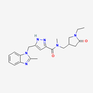 molecular formula C21H26N6O2 B3782944 N-[(1-ethyl-5-oxopyrrolidin-3-yl)methyl]-N-methyl-5-[(2-methylbenzimidazol-1-yl)methyl]-1H-pyrazole-3-carboxamide 