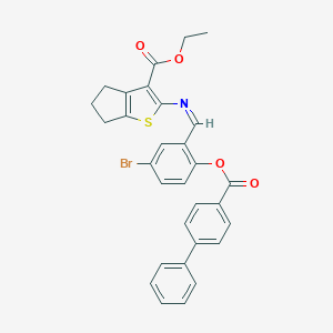 molecular formula C30H24BrNO4S B378321 ethyl 2-({2-[([1,1'-biphenyl]-4-ylcarbonyl)oxy]-5-bromobenzylidene}amino)-5,6-dihydro-4H-cyclopenta[b]thiophene-3-carboxylate 