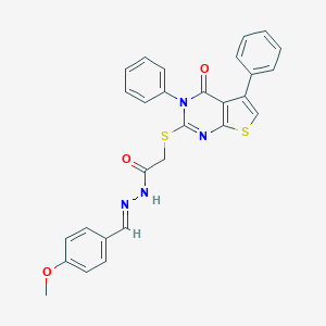 molecular formula C28H22N4O3S2 B378325 N-[(E)-(4-methoxyphenyl)methylideneamino]-2-(4-oxo-3,5-diphenylthieno[2,3-d]pyrimidin-2-yl)sulfanylacetamide CAS No. 342396-80-9