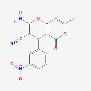 molecular formula C16H11N3O5 B378358 2-アミノ-7-メチル-4-(3-ニトロフェニル)-5-オキソ-4H,5H-ピラノ[3,2-c]ピラン-3-カルボニトリル CAS No. 265315-70-6