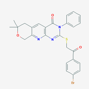 molecular formula C26H22BrN3O3S B378438 2-{[2-(4-bromophenyl)-2-oxoethyl]sulfanyl}-7,7-dimethyl-3-phenyl-6,9-dihydro-3H-pyrano[4',3':5,6]pyrido[2,3-d]pyrimidin-4(7H)-one 