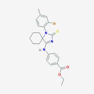 molecular formula C24H26BrN3O2S B378495 Ethyl 4-{[1-(2-bromo-4-methylphenyl)-2-thioxo-1,3-diazaspiro[4.5]dec-4-ylidene]amino}benzoate 