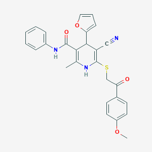molecular formula C27H23N3O4S B378553 5-氰基-4-(呋喃-2-基)-6-{[2-(4-甲氧基苯基)-2-氧代乙基]硫代}-2-甲基-N-苯基-1,4-二氢吡啶-3-甲酰胺 CAS No. 313704-87-9