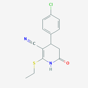 molecular formula C14H13ClN2OS B378554 4-(4-Chlorophenyl)-2-(ethylsulfanyl)-6-oxo-1,4,5,6-tetrahydro-3-pyridinecarbonitrile CAS No. 342398-73-6