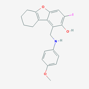 molecular formula C20H20INO3 B378592 3-Iodo-1-[(4-methoxyanilino)methyl]-6,7,8,9-tetrahydrodibenzo[b,d]furan-2-ol 
