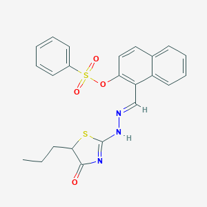 molecular formula C23H21N3O4S2 B378634 [1-[(E)-[(4-oxo-5-propyl-1,3-thiazol-2-yl)hydrazinylidene]methyl]naphthalen-2-yl] benzenesulfonate 