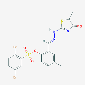 molecular formula C18H15Br2N3O4S2 B378695 [4-methyl-2-[(E)-[(5-methyl-4-oxo-1,3-thiazol-2-yl)hydrazinylidene]methyl]phenyl] 2,5-dibromobenzenesulfonate 