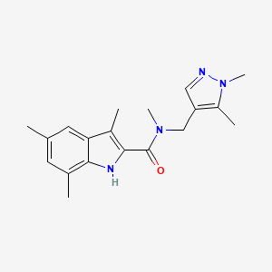 molecular formula C19H24N4O B3787235 N-[(1,5-dimethyl-1H-pyrazol-4-yl)methyl]-N,3,5,7-tetramethyl-1H-indole-2-carboxamide 