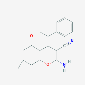 molecular formula C20H22N2O2 B378774 2-amino-7,7-dimethyl-5-oxo-4-(1-phenylethyl)-5,6,7,8-tetrahydro-4H-chromene-3-carbonitrile 