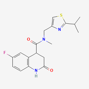 molecular formula C18H20FN3O2S B3788921 6-fluoro-N-methyl-2-oxo-N-[(2-propan-2-yl-1,3-thiazol-4-yl)methyl]-3,4-dihydro-1H-quinoline-4-carboxamide 