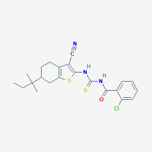molecular formula C22H24ClN3OS2 B378912 2-chloro-N-{[3-cyano-6-(2-methylbutan-2-yl)-4,5,6,7-tetrahydro-1-benzothiophen-2-yl]carbamothioyl}benzamide 