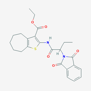 molecular formula C24H26N2O5S B378946 ethyl 2-{[2-(1,3-dioxo-1,3-dihydro-2H-isoindol-2-yl)butanoyl]amino}-5,6,7,8-tetrahydro-4H-cyclohepta[b]thiophene-3-carboxylate 