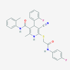 molecular formula C29H24F2N4O2S B378986 5-cyano-4-(2-fluorophenyl)-6-({2-[(4-fluorophenyl)amino]-2-oxoethyl}sulfanyl)-2-methyl-N-(2-methylphenyl)-1,4-dihydropyridine-3-carboxamide 