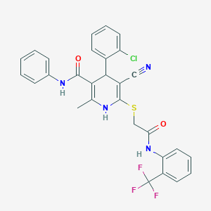 molecular formula C29H22ClF3N4O2S B379008 4-(2-chlorophenyl)-5-cyano-2-methyl-6-({2-oxo-2-[2-(trifluoromethyl)anilino]ethyl}sulfanyl)-N-phenyl-1,4-dihydro-3-pyridinecarboxamide 