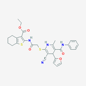 Ethyl 2-[({[3-cyano-4-(furan-2-yl)-6-methyl-5-(phenylcarbamoyl)-1,4-dihydropyridin-2-yl]sulfanyl}acetyl)amino]-4,5,6,7-tetrahydro-1-benzothiophene-3-carboxylate