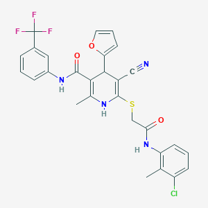 molecular formula C28H22ClF3N4O3S B379014 6-{[2-(3-chloro-2-methylanilino)-2-oxoethyl]sulfanyl}-5-cyano-4-(2-furyl)-2-methyl-N-[3-(trifluoromethyl)phenyl]-1,4-dihydro-3-pyridinecarboxamide 