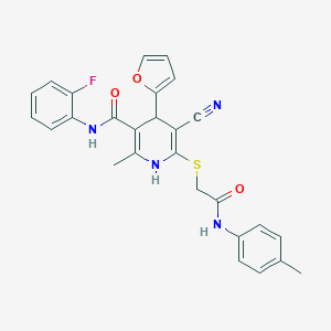 molecular formula C27H23FN4O3S B379021 5-cyano-N-(2-fluorophenyl)-4-(2-furyl)-2-methyl-6-{[2-oxo-2-(4-toluidino)ethyl]sulfanyl}-1,4-dihydro-3-pyridinecarboxamide 
