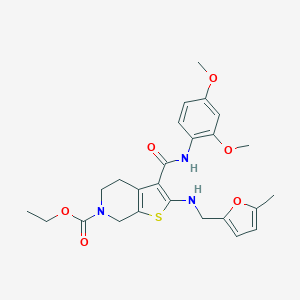 molecular formula C25H29N3O6S B379097 ethyl 3-[(2,4-dimethoxyanilino)carbonyl]-2-{[(5-methyl-2-furyl)methyl]amino}-4,7-dihydrothieno[2,3-c]pyridine-6(5H)-carboxylate 