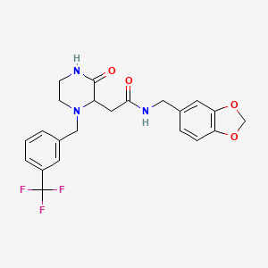 molecular formula C22H22F3N3O4 B3791234 N-(1,3-benzodioxol-5-ylmethyl)-2-[3-oxo-1-[[3-(trifluoromethyl)phenyl]methyl]piperazin-2-yl]acetamide 