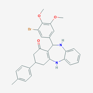 molecular formula C28H27BrN2O3 B379141 11-(3-bromo-4,5-dimethoxyphenyl)-3-(4-methylphenyl)-2,3,4,5,10,11-hexahydro-1H-dibenzo[b,e][1,4]diazepin-1-one 