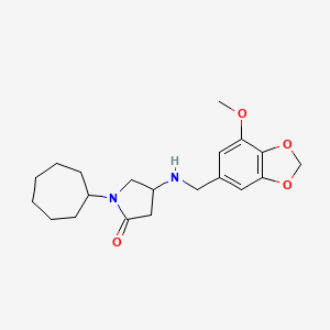 molecular formula C20H28N2O4 B3791486 1-Cycloheptyl-4-[(7-methoxy-1,3-benzodioxol-5-yl)methylamino]pyrrolidin-2-one 