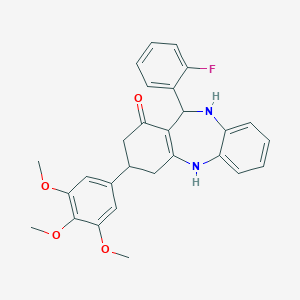 molecular formula C28H27FN2O4 B379170 11-(2-fluorophenyl)-3-(3,4,5-trimethoxyphenyl)-2,3,4,5,10,11-hexahydro-1H-dibenzo[b,e][1,4]diazepin-1-one 