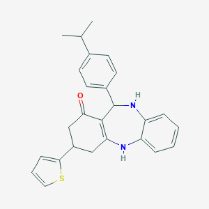molecular formula C26H26N2OS B379182 11-(4-isopropylphenyl)-3-(2-thienyl)-2,3,4,5,10,11-hexahydro-1H-dibenzo[b,e][1,4]diazepin-1-one 