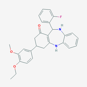 molecular formula C28H27FN2O3 B379203 3-(4-ethoxy-3-methoxyphenyl)-11-(2-fluorophenyl)-2,3,4,5,10,11-hexahydro-1H-dibenzo[b,e][1,4]diazepin-1-one 