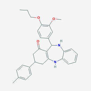 molecular formula C30H32N2O3 B379204 11-(3-methoxy-4-propoxyphenyl)-3-(4-methylphenyl)-2,3,4,5,10,11-hexahydro-1H-dibenzo[b,e][1,4]diazepin-1-one 