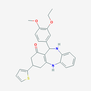 molecular formula C26H26N2O3S B379217 11-(3-ethoxy-4-methoxyphenyl)-3-(2-thienyl)-2,3,4,5,10,11-hexahydro-1H-dibenzo[b,e][1,4]diazepin-1-one 