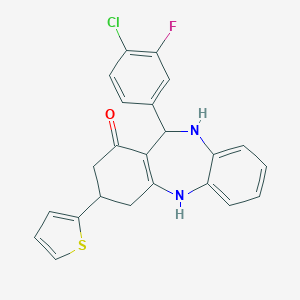 molecular formula C23H18ClFN2OS B379226 11-(4-chloro-3-fluorophenyl)-3-(2-thienyl)-2,3,4,5,10,11-hexahydro-1H-dibenzo[b,e][1,4]diazepin-1-one 