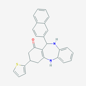 molecular formula C27H22N2OS B379239 11-(2-naphthyl)-3-(2-thienyl)-2,3,4,5,10,11-hexahydro-1H-dibenzo[b,e][1,4]diazepin-1-one 