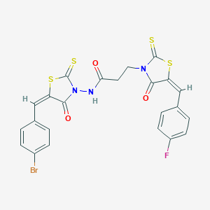 molecular formula C23H15BrFN3O3S4 B379495 N-[(5E)-5-[(4-bromophenyl)methylidene]-4-oxo-2-sulfanylidene-1,3-thiazolidin-3-yl]-3-[(5E)-5-[(4-fluorophenyl)methylidene]-4-oxo-2-sulfanylidene-1,3-thiazolidin-3-yl]propanamide 