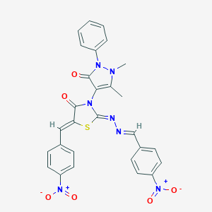 molecular formula C28H21N7O6S B379503 4-nitrobenzaldehyde (3-(1,5-dimethyl-3-oxo-2-phenyl-2,3-dihydro-1H-pyrazol-4-yl)-5-{4-nitrobenzylidene}-4-oxo-1,3-thiazolidin-2-ylidene)hydrazone 