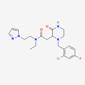 molecular formula C20H25ClFN5O2 B3797229 2-[1-(2-chloro-4-fluorobenzyl)-3-oxo-2-piperazinyl]-N-ethyl-N-[2-(1H-pyrazol-1-yl)ethyl]acetamide 