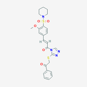 molecular formula C25H26N4O5S2 B379763 2-[(4-{3-[3-methoxy-4-(1-piperidinylsulfonyl)phenyl]acryloyl}-4H-1,2,4-triazol-3-yl)thio]-1-phenylethanone 