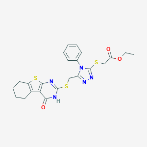 molecular formula C23H23N5O3S3 B379817 ethyl 2-[[5-[(4-oxo-5,6,7,8-tetrahydro-3H-[1]benzothiolo[2,3-d]pyrimidin-2-yl)sulfanylmethyl]-4-phenyl-1,2,4-triazol-3-yl]sulfanyl]acetate CAS No. 324579-59-1