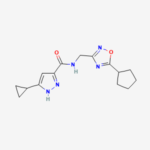 molecular formula C15H19N5O2 B3799503 N-[(5-cyclopentyl-1,2,4-oxadiazol-3-yl)methyl]-3-cyclopropyl-1H-pyrazole-5-carboxamide 