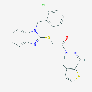 molecular formula C22H19ClN4OS2 B379961 2-[1-[(2-chlorophenyl)methyl]benzimidazol-2-yl]sulfanyl-N-[(Z)-(3-methylthiophen-2-yl)methylideneamino]acetamide CAS No. 314286-54-9