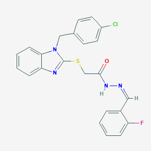 molecular formula C23H18ClFN4OS B380009 2-{[1-(4-chlorobenzyl)-1H-benzimidazol-2-yl]sulfanyl}-N'-(2-fluorobenzylidene)acetohydrazide 