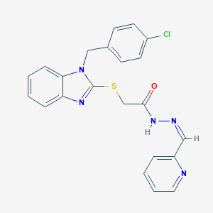 molecular formula C22H18ClN5OS B380012 2-{[1-(4-chlorobenzyl)-1H-benzimidazol-2-yl]sulfanyl}-N'-(2-pyridinylmethylene)acetohydrazide 