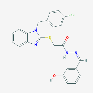 molecular formula C23H19ClN4O2S B380019 2-{[1-(4-chlorobenzyl)-1H-benzimidazol-2-yl]sulfanyl}-N'-(3-hydroxybenzylidene)acetohydrazide 