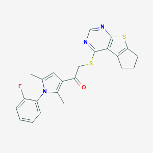 molecular formula C23H20FN3OS2 B380044 2-(6,7-dihydro-5H-cyclopenta[4,5]thieno[2,3-d]pyrimidin-4-ylsulfanyl)-1-[1-(2-fluorophenyl)-2,5-dimethyl-1H-pyrrol-3-yl]ethanone 